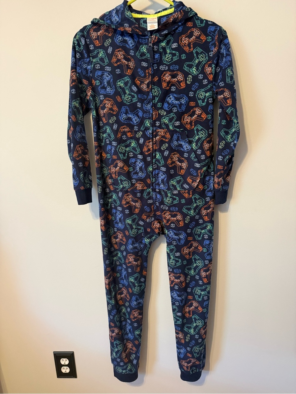 Cat & Jack Navy Hooded One-Piece Pajamas with Game Controller Print